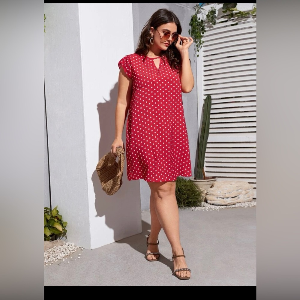 NWT- Polka Dot Print Keyhole Neckline Butterfly Sleeve Dress.